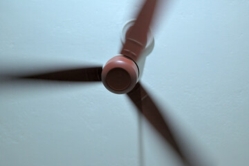 Ceiling fan with three blades rotating, viewed from below.