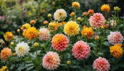 a vibrant field of dahlia blooms in shades of peach, yellow, and orange create a warm and textured floral display.