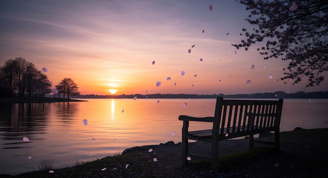 Empty park bench facing a serene lake at sunset with falling petals
