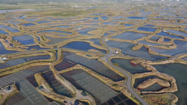 Aerial view of the salt fields of Guerande France at sunset
