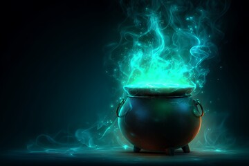 Mystical glowing cauldron with magical vapor and enchanting energy creating a mysterious fantasy scene with supernatural and alchemy elements for captivating visual appeal