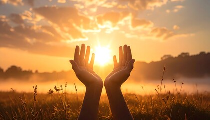 Embracing the golden rays of the rising sun with open hands in a misty morning field