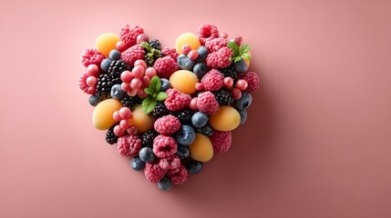 Heart-shaped arrangement of colorful fruits on a pastel background showing summer's vibrant produce