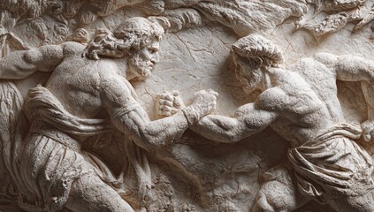 Ancient Greek relief sculpture of two muscular men engaged in intense struggle