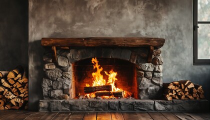 a rustic stone fireplace with a roaring fire and stacked wood beside it creates a cozy and inviting atmosphere within a textured room.