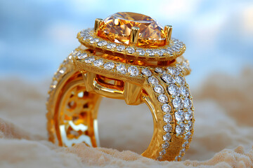 Luxury gold diamond ring with sparkling gemstones on soft sand background, elegant wedding jewelry concept, premium engagement ornament for bride, romance celebration, high value fashion accessory, ti