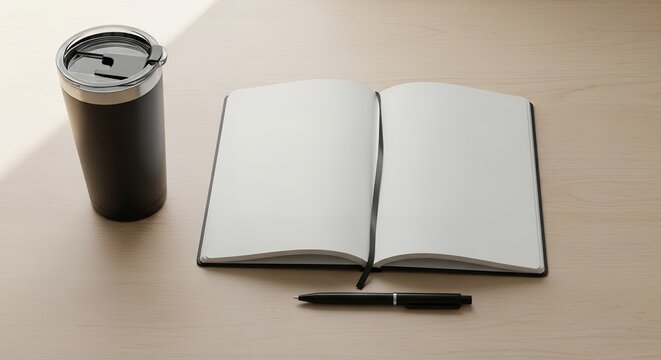 Focused Workspace: Notebook Pen and Thermos.