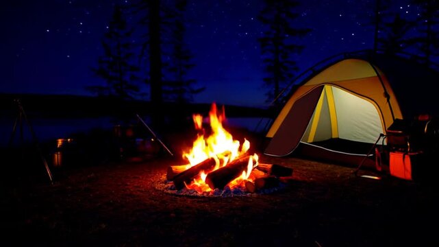 A cozy camping scene at night, with a warm firepit glowing and logs burning brightly