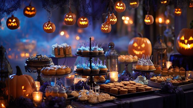 Vibrant Halloween celebration featuring illuminated pumpkins spooky decorations festive party setup autumn harvest theme creative lighting and seasonal decor for a cheerful night