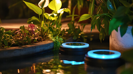 Solar garden lights glowing near water pond at night, eco friendly outdoor illumination concept, modern landscape lighting for backyard patio, renewable energy decoration, peaceful nature lifestyle ba