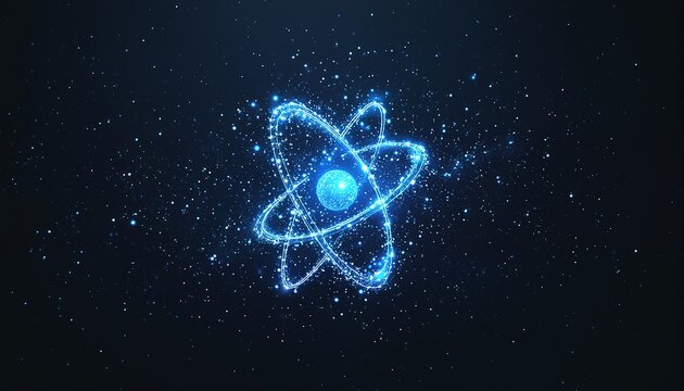 a vibrant blue atomic model with orbiting electrons is depicted against a dark, speckled cosmic background.