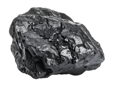 A rough chunk of coal, isolated on a white background, representing fuel, mining, and energy resources.