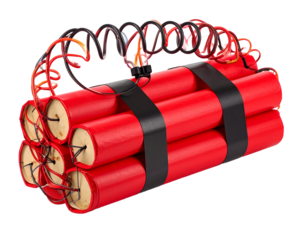 A single, classic dynamite stick with a fuse, isolated on a white background, ideal for themes of danger and explosive force.