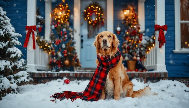 a golden retriever wearing a red plaid scarf sits in the snow in front of a beautifully decorated victorian home for the holidays.
