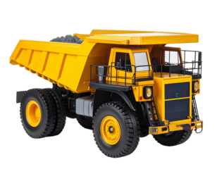 A detailed model of a yellow dump truck, isolated on a white background, used in construction and heavy transport concepts.