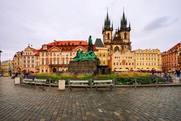 Prague, Czech Republic. Old Town Square and Church of Mother of God before Tyn in Prague, Czech Republic. Meeting place for tourists. Architecture and landmark of Prague.