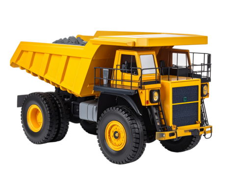 A detailed model of a yellow dump truck, isolated on a white background, used in construction and heavy transport concepts.
