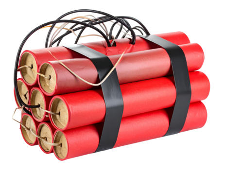 A bundle of dynamite sticks, isolated on a white background, for use in concepts of demolition and controlled explosions.