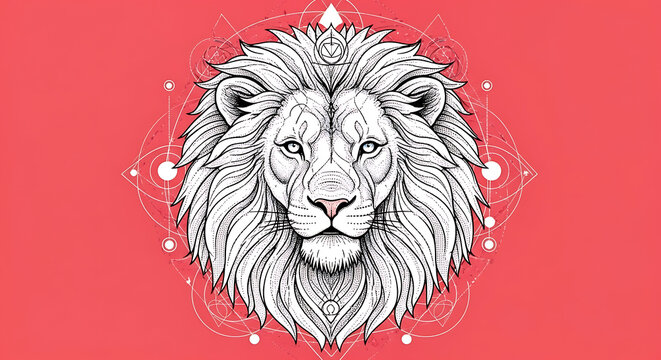 Detailed lion head illustration with geometric patterns on a red background - Powered by Adobe