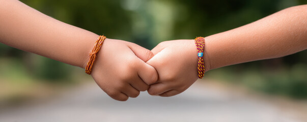 Two children's hands are clasped together, adorned with colorful bracelets, symbolizing friendship and connection in a natural outdoor setting.