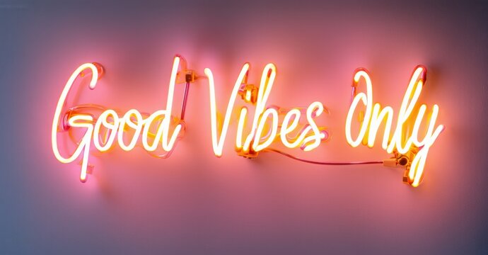Bright neon sign displays Good Vibes Only. Pink wall provides backdrop. Simple, positive message radiates warmth, energy.