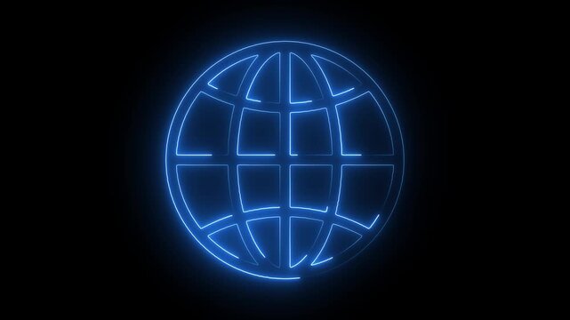 Neon  www earth globe icons .com, internet symbol for your logo, glowing animation black background. 