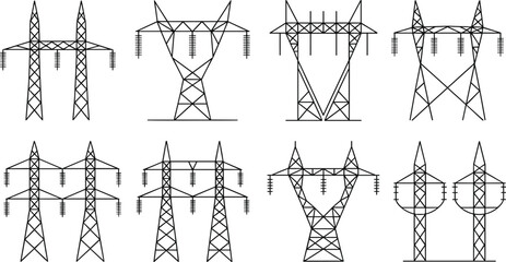 High voltage transmission towers, electricity pylons vector, power line structure icons, electrical grid illustration, energy infrastructure design, industrial utility art, electric tower silhouettes