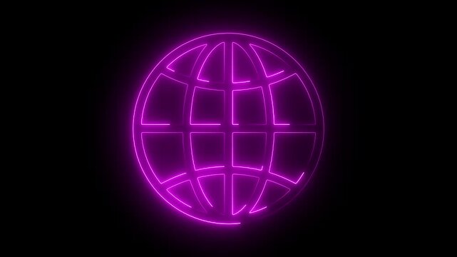 Neon  www earth globe icons .com, internet symbol for your logo, glowing animation black background. 