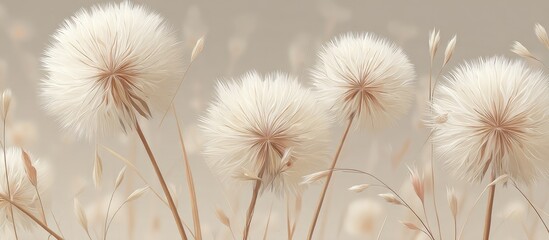 Delicate, light beige dandelion seed heads against a soft, muted backdrop.  