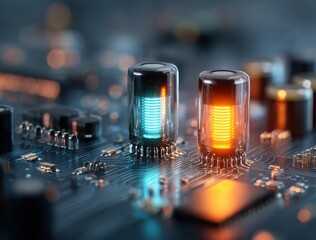 Close-up of electronic circuit board with glowing blue and orange indicator lights