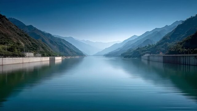 Mountains and Rivers Depend on Each Other, Calm Lake Surface Sparkling