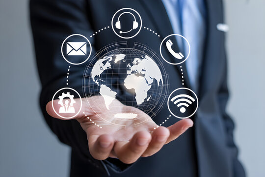 A businessman's hand holding a world globe surrounded by various digital icons, cinematic lighting, highly detailed, intricate details, 8K