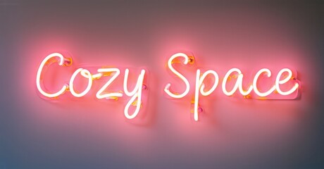 Bright neon sign displays Cozy Space. Pink glow illuminates dark background. Simple lettering creates inviting atmosphere.