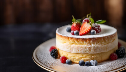 Delicious fluffy cake adorned with fresh berries and dusted with powdered sugar