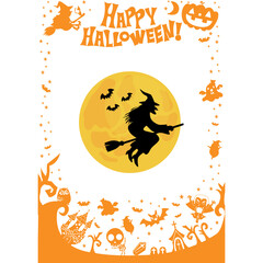 Happy Halloween Scene, Witch Flying Moon Bats Castle
