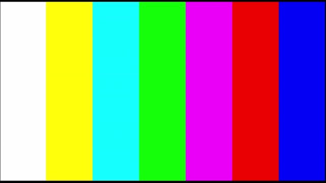 Television screen error. .Color Bars data glitches. , with colorful bars, a black box and the warning text Off Air