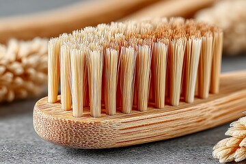 Natural bamboo toothbrush bristles eco friendly focus high resolution picture