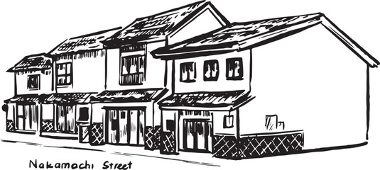 Hand drawn ink illustration of Nakamachi Street in Matsumoto, Japan, traditional shopping street with old wooden houses, tiled roofs, and heritage architecture in black and white style. © Vy
