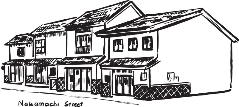 Hand drawn ink illustration of Nakamachi Street in Matsumoto, Japan, traditional shopping street with old wooden houses, tiled roofs, and heritage architecture in black and white style.