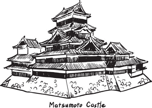 Detailed ink sketch of Matsumoto Castle in Japan, historic samurai fortress with multi-tiered wooden roofs, stone walls, and moat, hand drawn in black and white architectural illustration style.