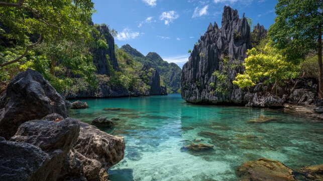 Turquoise water between majestic cliffs, lush greenery, sunny day