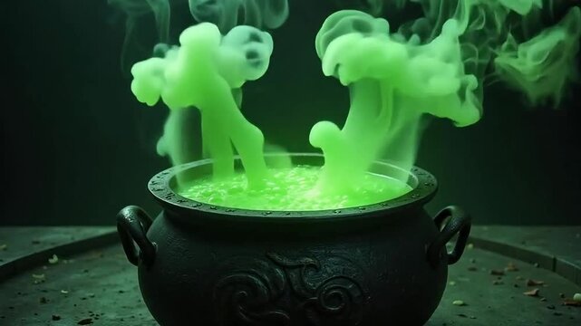 Bubbling green potion brewing in a cauldron, perfect for fantasy games, Halloween projects, or spooky stories with magical and mysterious atmospheres