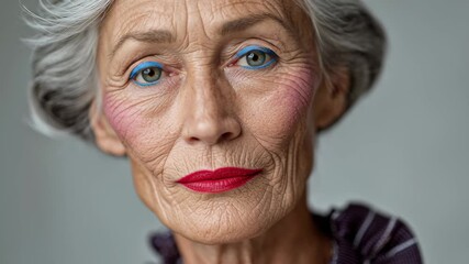 Mature woman with striking blue eyeliner and bold red lips, showcasing her expressive features in a series of close-up frames, capturing the essence of beauty and confidence through aging