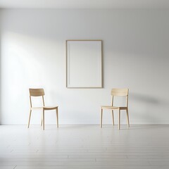 Minimalist Interior Design with Wooden Chairs and Blank Frame Artwork on a White Wall Creates a Serene Atmosphere