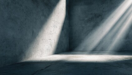 Interior corner of a concrete space, bathed in sunlight beams