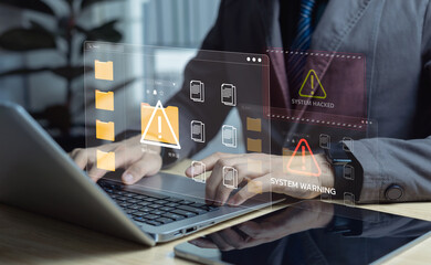 Digital document and folder alert concept. Error notifications, malware attacks, data corruption, and data loss caused by system vulnerabilities and cybersecurity threats.