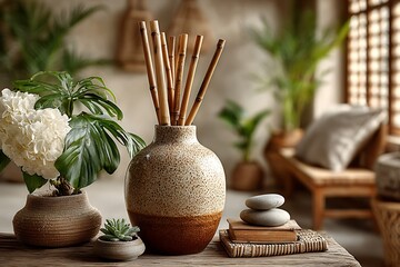 Stylish interior decor with bamboo sticks high resolution picture