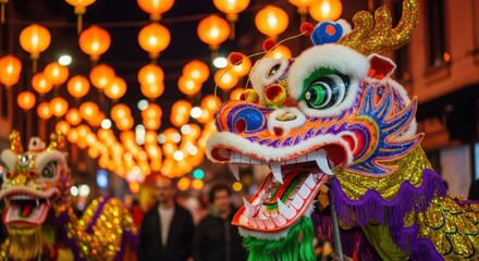Fototapeta premium Vibrant chinese dragon dance performance illuminated by lanterns during a festive street celebration at night