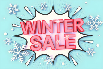 winter, sale, blue background, red text, snowflakes, pop art style, 3D lettering, bold graphics, vibrant colors, retro design, dynamic