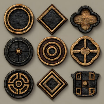 Vintage Wooden Game Tokens with Intricate Designs and Colors